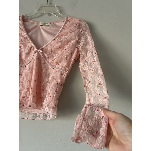 Thirty Thirty Pink Floral Rose Lace Top Mesh Sleeve Bow Detail Coquette Size S - Picture 3 of 11